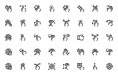 Fototapeta premium Hand Gesture icon set. Modern vector icons pack. Includes tap, swipe, scroll, pinch, rotate, drag, hold, fingerprint and more. Editable stroke.
