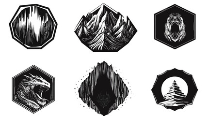 Black and white illustration of six geometric emblem designs featuring nature and animal themes