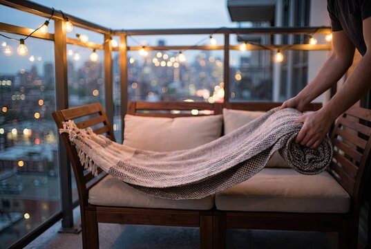 Hands Unfolding Decorative Throw Blanket on Minimalist Outdoor Sofa at Twilight on Urban Balcony