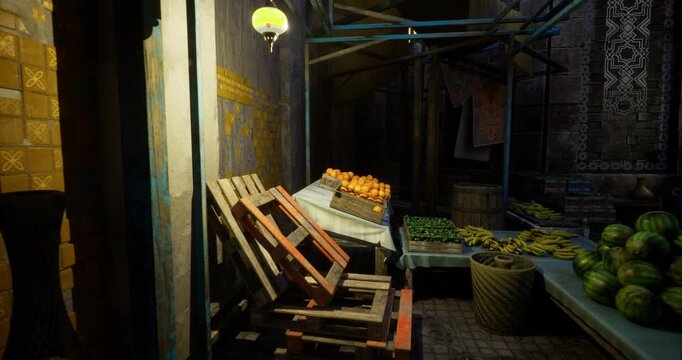 sunlit vegetable display lined on tables, fresh greens and colorful produce catching morning rays under open canopy, crates and baskets arranged for visual