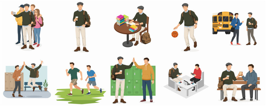 Flat Character Illustration Collection of College Student Life Various Activities