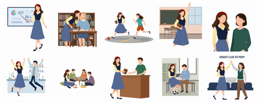 Flat Illustration Various Female Student Activities College Life Cartoon Illustration