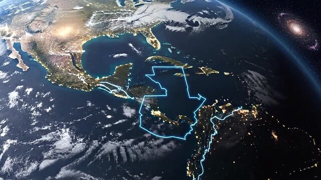 A detailed view of a planet in space with a highlighted landmass and a in the background