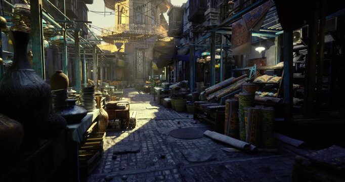 Vibrant market scene, Bright street market showcasing diverse wares and textures, Sundrenched bazaar displaying array of goods and tactile features