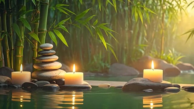 Relaxing spa scene with candles, stones and bamboo in a tranquil, peaceful setting