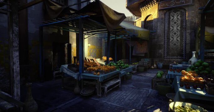 twilight shadowed bazaar alley with stalls. dim lanterns and receding sunlight create deep contrast and elongated shadows. stacks of wooden crates and woven
