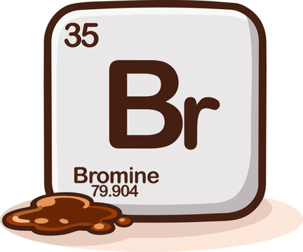 illustration of bromine chemical element from the periodic table with symbol Br and atomic number 35. Educational chemistry design with a brown liquid puddle