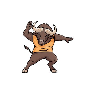 Cartoon illustration of a dabbing bull with horns, wearing an orange tank top, on a clean white background