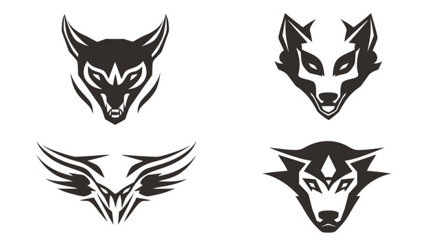 Four black-and-white stylized images of animal heads with sharp, geometric designs on white background