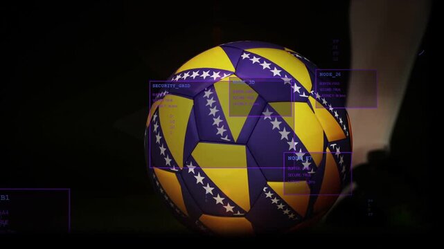 Soccer player foot moving behind ball, kicking ball and testing purple HUD tracking for sports tech