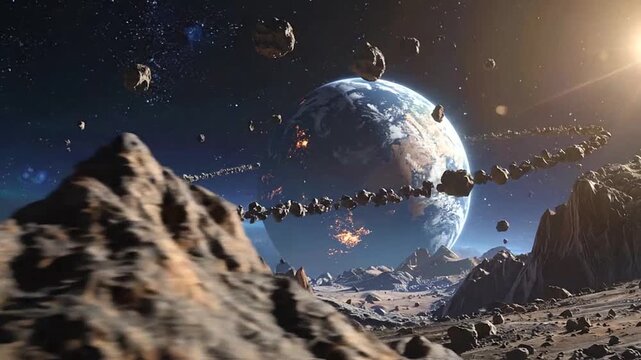 A stunning view of a distant planet with asteroids and a ring system in outer space