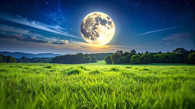 A bright full moon shines over a green field with tall grass and trees at night