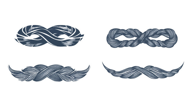 Intricate, stylized illustrations depicting various twisted rope or braid shapes in a dark blue hue