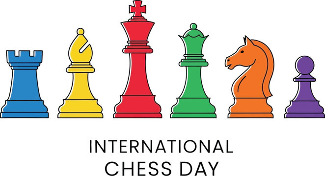 Colorful Vector Illustration Featuring Various Chess Pieces Arranged In A Row To Celebrate International Chess Day Event