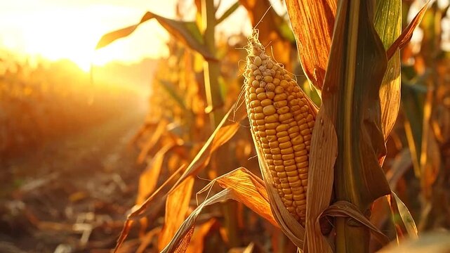 A close-up view of a ripe corn cob in a field during the warm, golden sunset