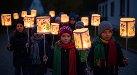 Group of children holding illuminated homemade lanterns at dusk. Kids participate in traditional St. Martins Day parade. Evening celebration with light.