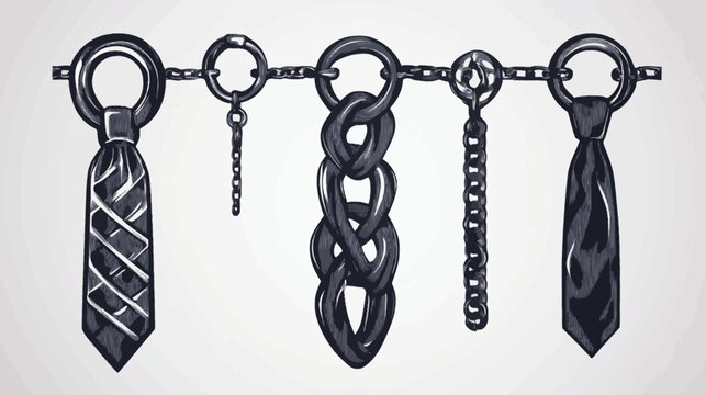 Stylized grayscale illustration of five hanging accessories, including ties and chains, on a white background
