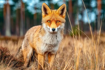 Fototapeta premium Alert Red Fox Standing in Tall Grass, Closeup View in Natural Habitat