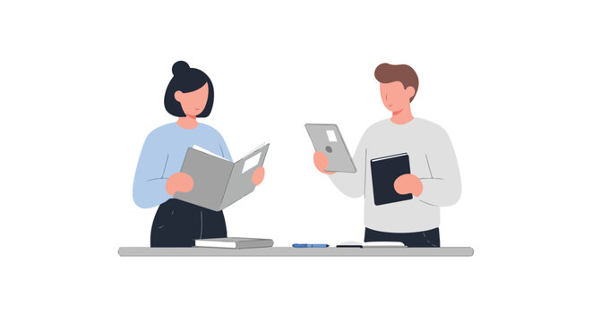 A woman holding a book and a man holding a tablet stand together by a desk with study materials in a minimalist flat vector illustration.