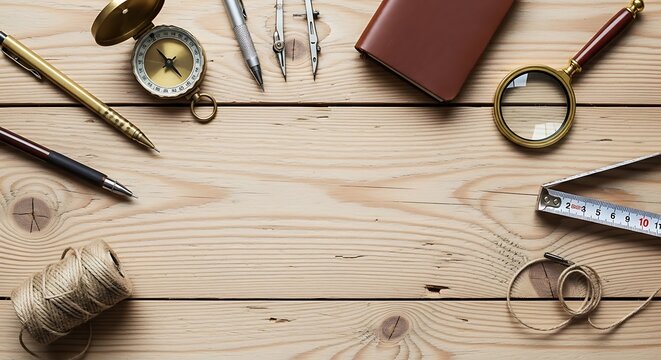 A top down view of vintage drafting tools and stationery arranged on a rustic wooden table surface