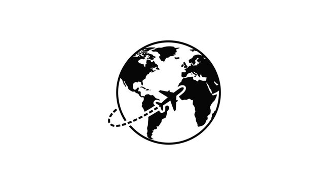 Icon of an .airplane flying around the world globe on a white background.
