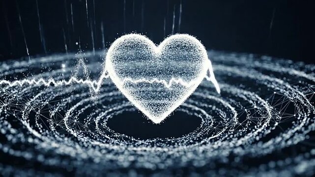 Abstract digital heart shape with a pulse line and a network of connected dots on dark background
