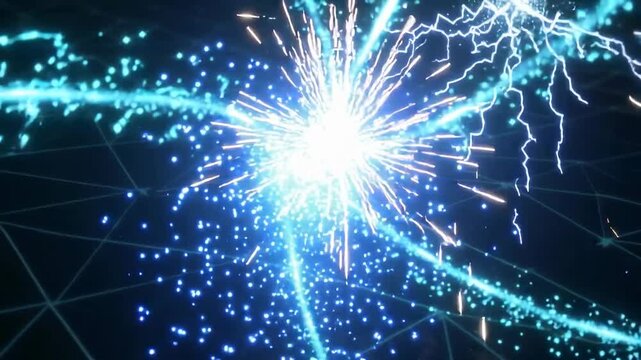Cyan quantum particles colliding with spark clusters on dark grid background