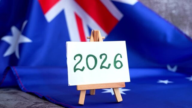 Australian flag and text 2026 trendy template for upcoming year campaigns. Patriotic design marking 2026 beside national flag. Concept of future vision and planning ideal for annual report or goal