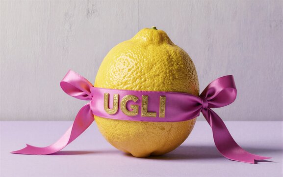 Yellow lemon with pink ribbon and gold "UGLI" text styled like a gift.