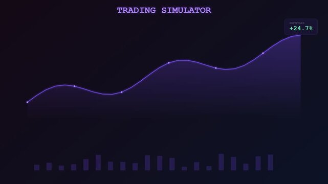 A sleek digital interface demonstrating gamified financial learning as a purple holographic line graph surges upward indicating substantial portfolio growth and strategic wealth accumulation over time