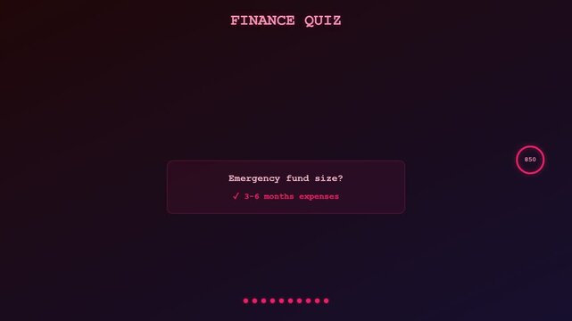 An immersive gamified financial learning interface featuring a dark neon aesthetic as a user navigates through complex investment questions while accumulating points in a digital environment