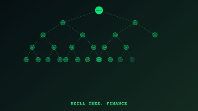 An intricate display of gamified financial learning evolving from a simple node into a complex network of professional capabilities through a futuristic digital interface
