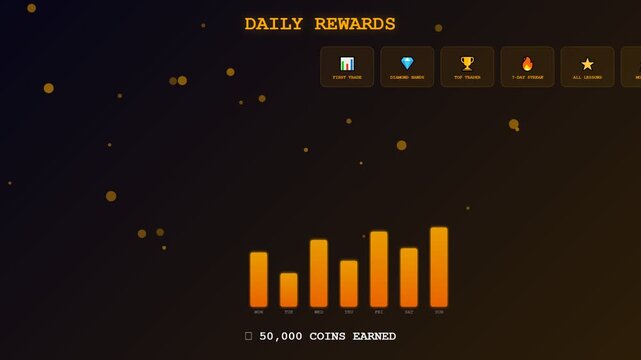 An immersive digital experience of gamified financial learning showcasing a sophisticated dark interface where amber bar charts ascend and coin tallies accelerate for achievement progression