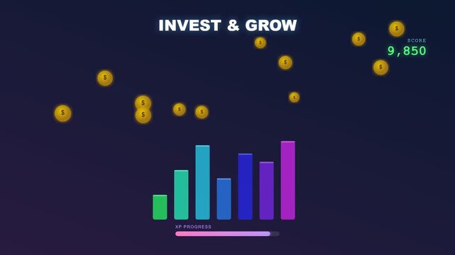 A dynamic interface for gamified financial learning featuring animated gold coins and expanding colorful bar charts to illustrate wealth accumulation and progress through interactive digital education