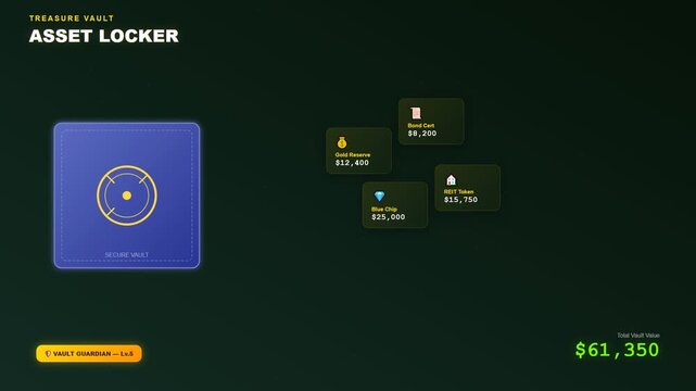 An immersive experience for gamified financial learning showcases a digital asset locker where diverse investment vehicles materialize within a secure neon blue vault interface