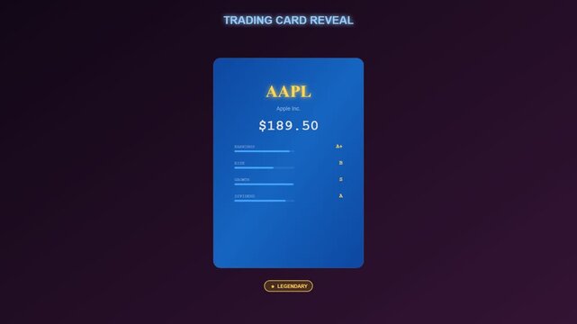 A sophisticated interface for gamified financial learning depicts a digital trading card unfolding to reveal asset data through a shimmering light sweep effect across darkness