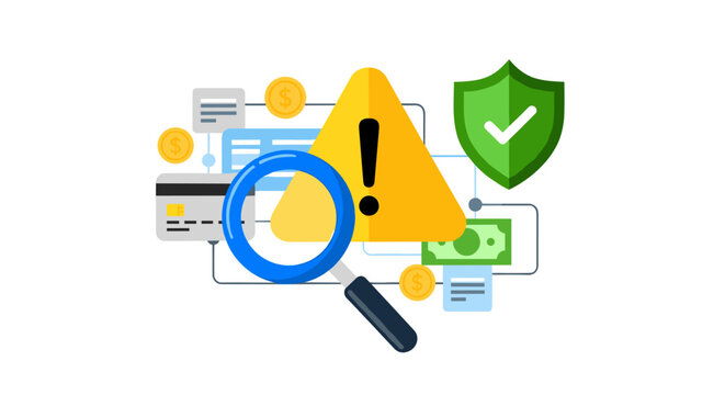 Financial security alert detected through magnifying glass analysis, featuring credit cards, currency notes, coins, warning triangle, and protective shield with checkmark,