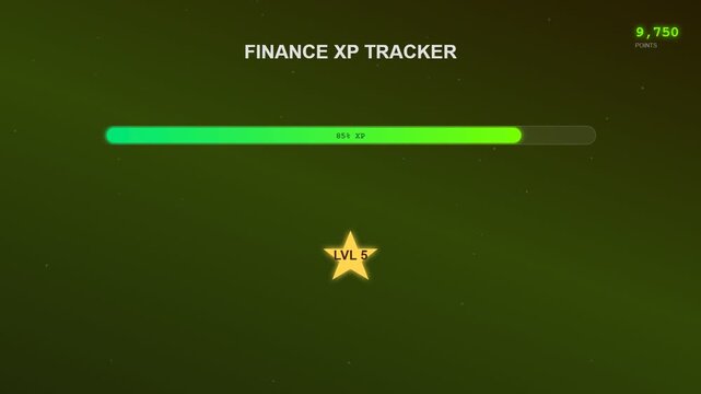 An engaging gamified financial learning interface demonstrating progress through an evolving experience bar while shimmering golden coins and a stellar achievement badge emerge from shadows