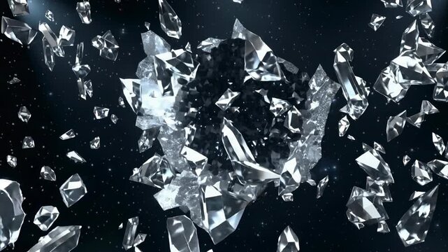 Silver crystal shards scattering from fractured core in black space