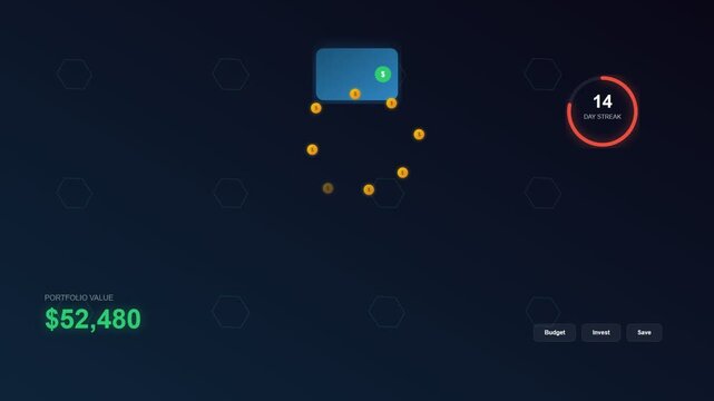 A sophisticated interface showcasing gamified financial learning through an animated progression of portfolio growth and daily streak achievements within a sleek dark mode digital environment