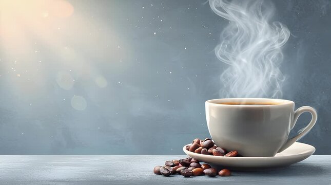 Steaming cup of freshly brewed coffee with roasted beans on a textured surface creating a warm and inviting atmosphere for morning rituals and cozy moments