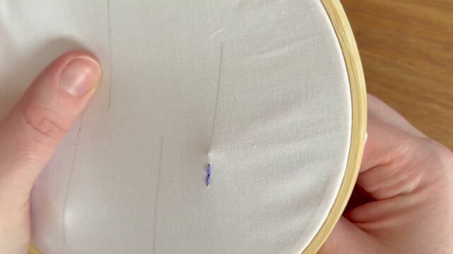 Female Caucasian hands demonstrating a back stitch in an embroidery hoop using purple thread on white fabric. Close-up 4K needlework tutorial showing stitching technique on wooden table.
