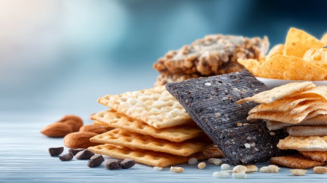Casual Arrangement of Snacks on Wooden Surface with Soft Focus Background
