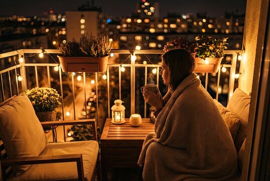 Cozy Evening Scene on a Balcony with Warm String Lights and Hot Beverage