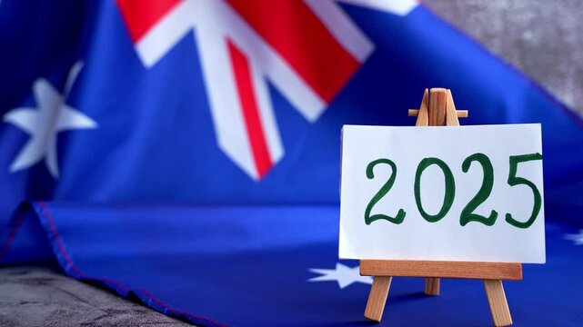 Australian flag and text 2025 trendy template for upcoming year campaigns. Patriotic design marking 2025 beside national flag. Concept of future vision and planning ideal for annual report or goal