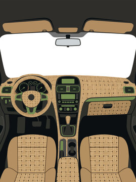Stylized Vector Illustration of a Contemporary Vehicle Interior, Featuring a Clean Dashboard, Ergonomic Controls, and Comfortable Seating in a Modern Automotive Design