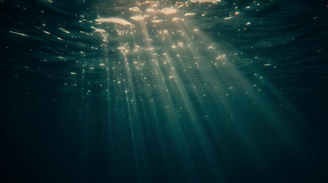 Sunbeams Filter Through Ocean Water - Underwater Scene with Golden Light Rays and Sparkling Bubbles Evoking Tranquility and Marine Beauty
