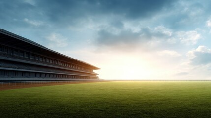 Obraz premium Expansive Horse Racing Track Under Dramatic Sky at Dusk with Lush Green Grass and Empty Grandstand Awaiting Spectators for Upcoming Event