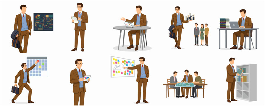 Flat Illustration of a Businessman in Brown Suit in Various Activities
