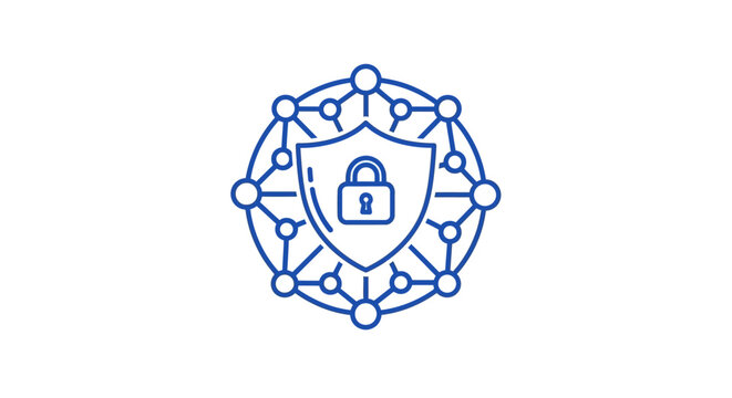 Cyber security shield with lock and network nodes